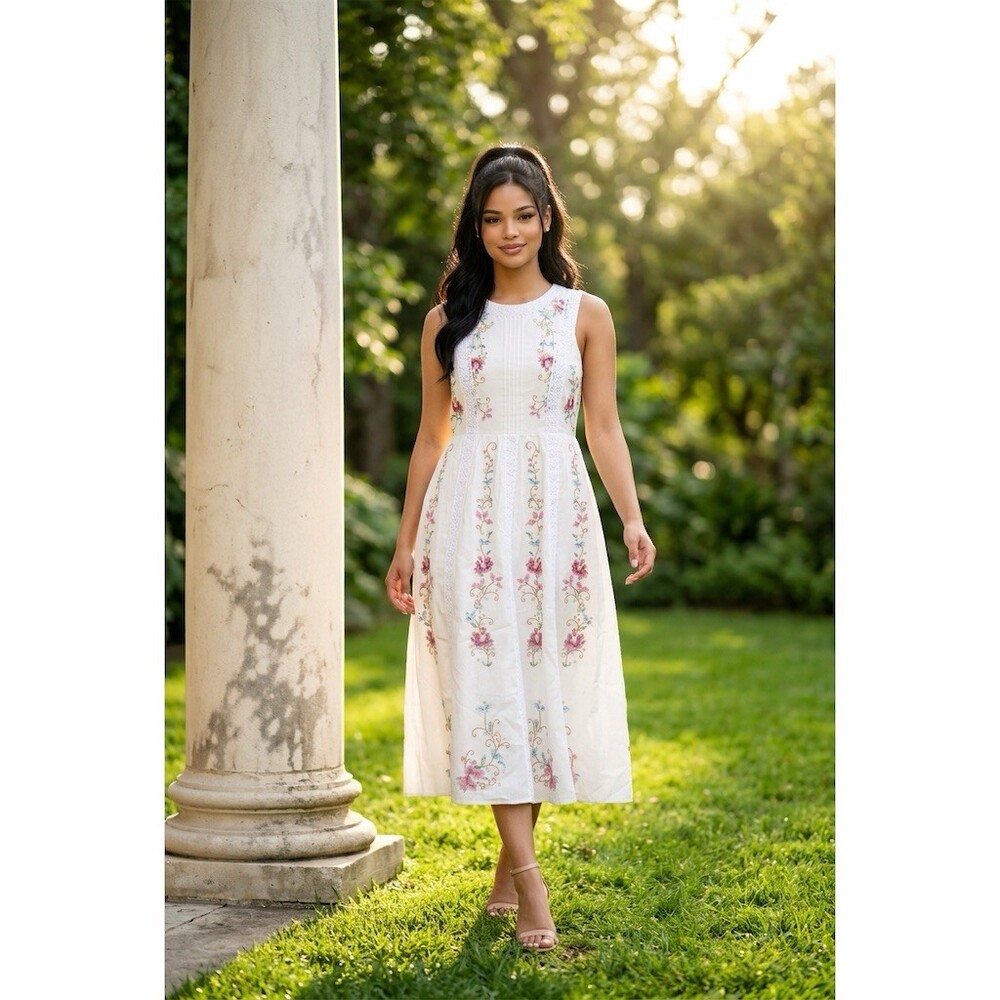 Just Me Dress Womens S Ivory Floral Embroidered Midi Sleeveless A-Line